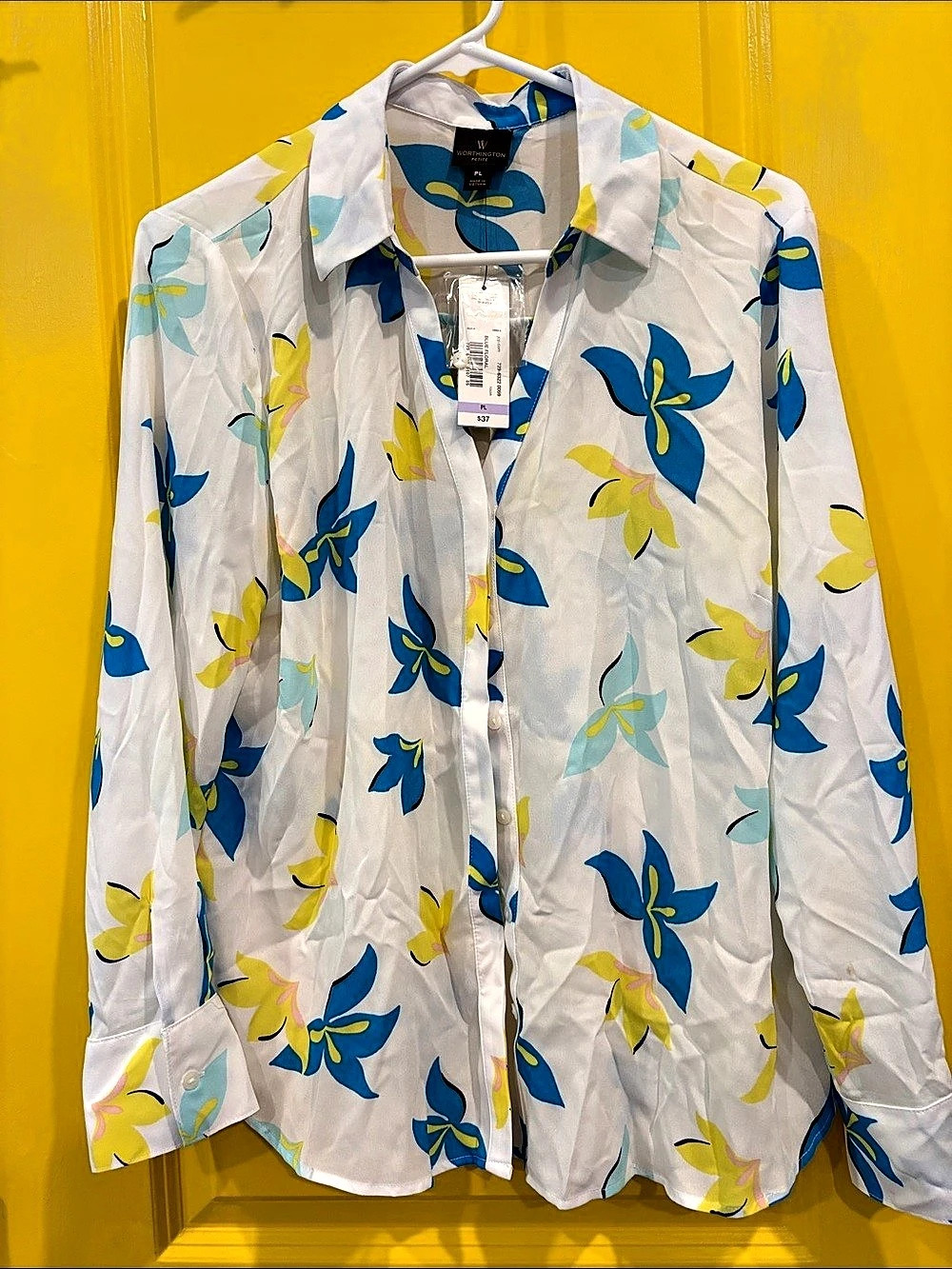 Worthington Blue Floral Button Down White Blue Size Large NWT